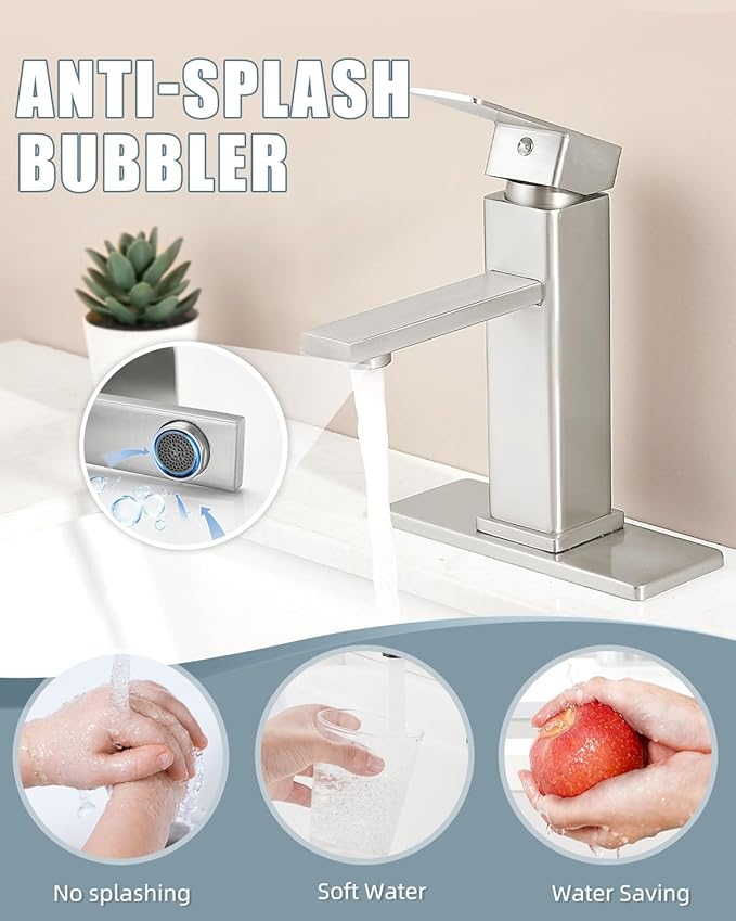 Bathroom Faucets, Bathroom Sink Faucet with Pop-up Sink Drain Stopper & Deck Plate 1 or 3 Hole, Single Handle Modern Farmhouse RV Faucet, Brushed Sealing Glaze