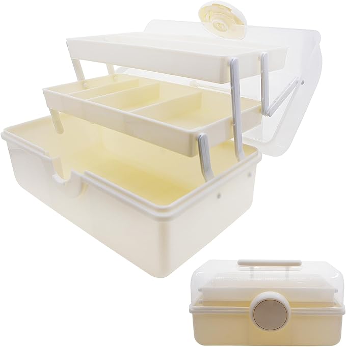 Craft Organizers and Storage,Plastic Box with 3-Tier Fold Tray and Handle,Portable Lockable Container for Arts, Crafts,Cosmetic, Sewing, Toy, Washi Tape(Cream Color)