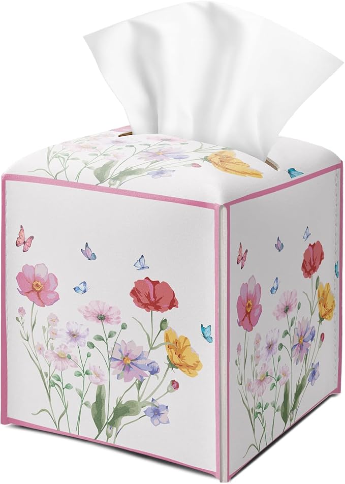 Wildflowers Butterfly Tissue Box Cover Square with Bottom Belt, Leather Waterproof Tissue Holder Facial Paper Case for Tabletop Home Office Bathroom Car Decor -05