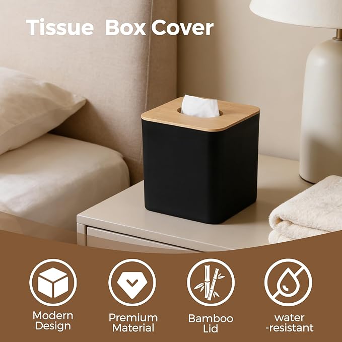 Black Tissue Box Cover, Square Tissue Box Holder with Bamboo Cover Plate, Cube Tissue Box Cover for Desk Accessories, Tissue Holders Decorative Square Tissue Box Tissue Holders for Bathrooms Bedrooms