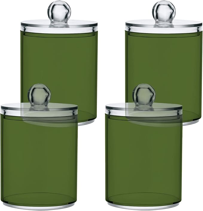 Dark Olive Green Qtip Holder Organizer Dispenser Cotton Swabs Cans Plastic Jars with Lid Set 4 Pack Bathroom Storage Canister for Cotton Ball Floss Cotton Pads