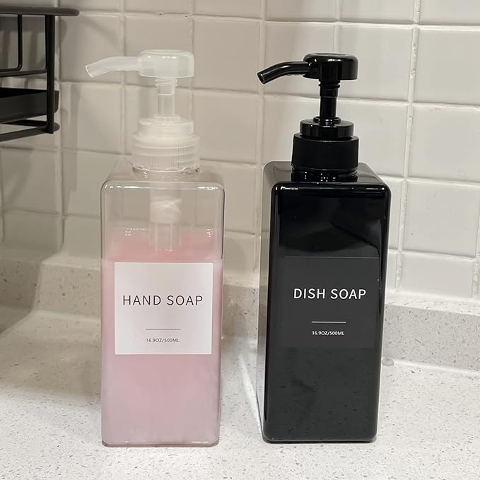 Clear Soap Dispenser with Waterproof Labels, Thickened Plastic Hand Soap Dispenser for Bathroom, Kitchen Dish Washing Liquid Bottles, Shampoo and Conditioner Bottles with Funnel (16oz 2Pack Clear)