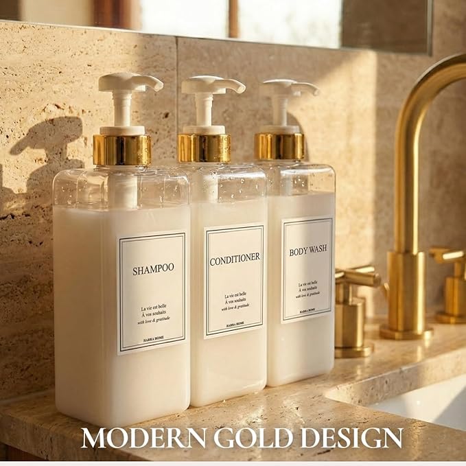 Modern Gold Design Shampoo and Conditioner Dispenser, Large 27oz Shower Soap Dispenser, Set of 3 Refillable Empty Plastic Pump Bottles for Bathroom, 6 Waterproof Labels Included, (Clear & White)