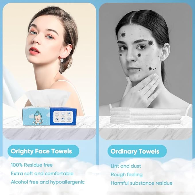 Orighty Disposable Face Towel, Biodegradable Clean Facial Towels, Super Soft Makeup Remover Wipes, Absorbent Facial Wash Cloth for Makeup Removing, Facial Cleansing, Nursing, Outdoor, 600 Count