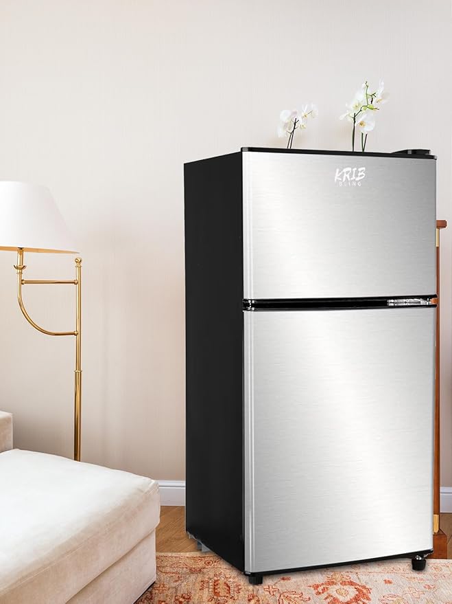 Mini Fridge, 3.5 Cu.Ft Compact Refrigerator Small Refrigerator 7 Level Adjustable Thermostat Removable Shelves with Stainless Steel 2 door for Office Dorm Apartment Silver