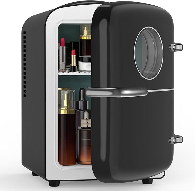 Mini Fridge for Bedroom, 4L/6 Cans Small Cosmetic Fridge for Skincare, Makeup & Drink, With Observation Window, Portable Desk Fridge Cooler and Warmer for Kids, Car, Office, Dorm, Black