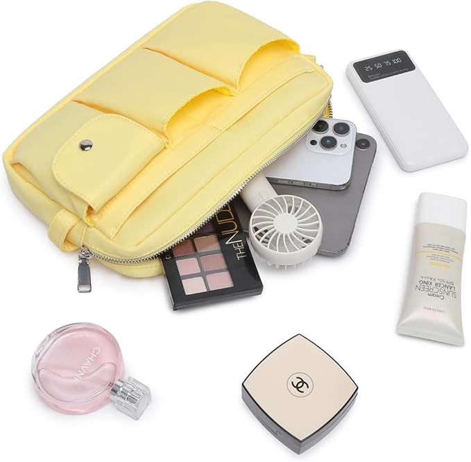Storage Bag-arge Cosmetic Bag for Women Travel Makeup Bag Zip Up Bag Pure Cotton Canvas Can be Suspended (Yellow)