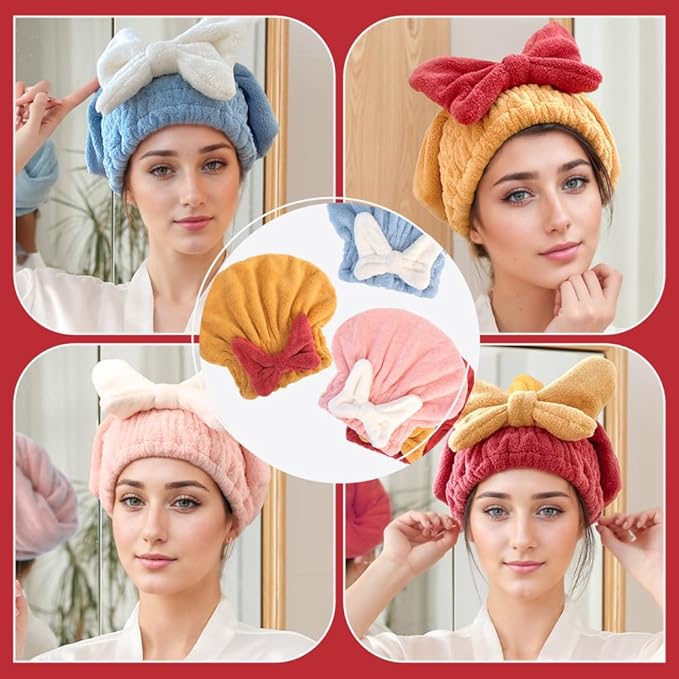 2PCS Microfiber Hair Drying Caps, Christmas Absorbent Hair Towel Wrap for Women Wet Hair Quick-Drying Hair Towels, Soft Bow Tie Wet Hair Towel Wrap for Party Favors Goody Bag Filler (Red+Yellow)