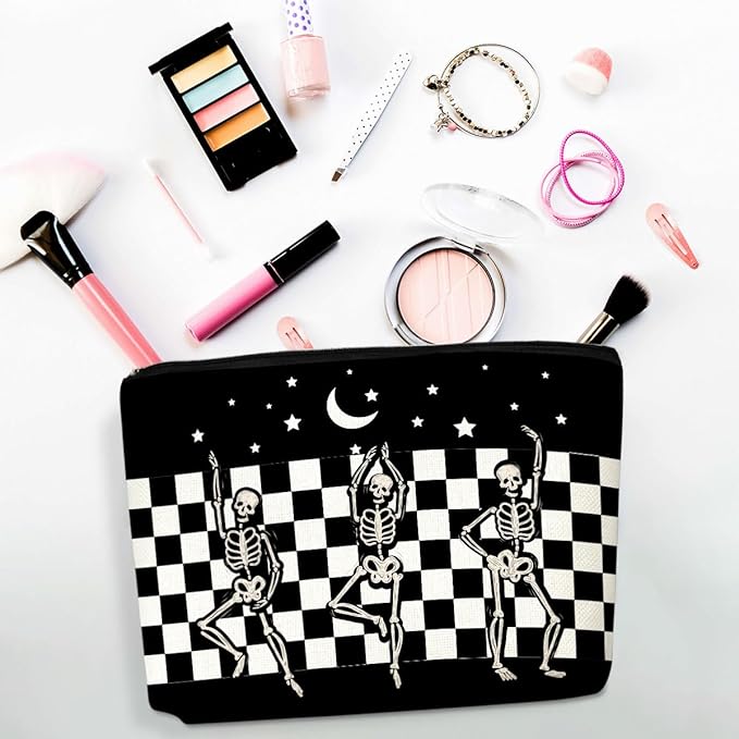 Goth Spooky Gifts for Women, Gothic Horror Skeleton Black Makeup Bag Cosmetic Pouch,Portable Travel Toiletry Bag, Dancing Skeleton Gifts for Women Girls Daughter Sisters Coworker Friends Friendship