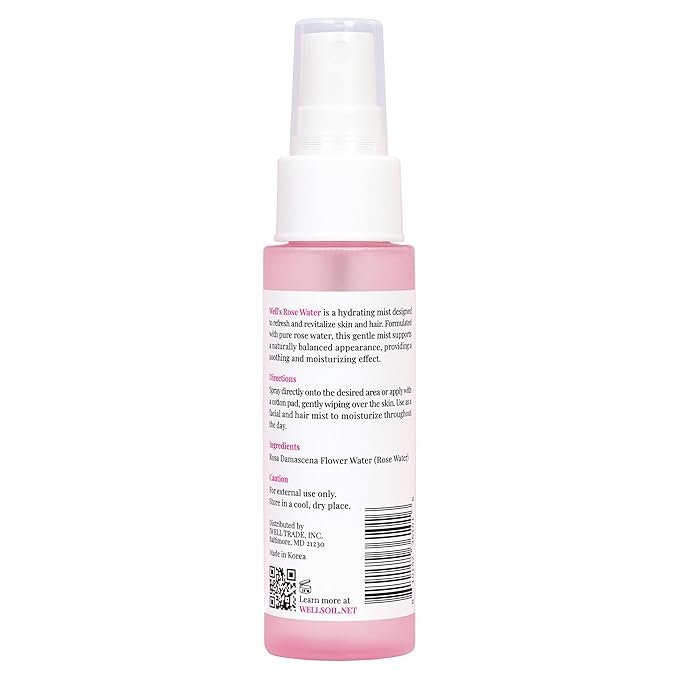 Well's Oil Rosewater Face & Hair Mist Spray (2 fl oz / 59 mL) | Floral Rosewater Hydrosol | Alcohol-Free
