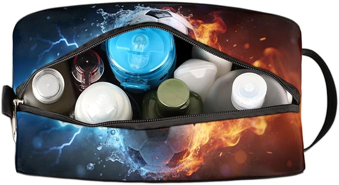 Fire Water Lightning Soccer Toiletry Bag for Men Women, Cosmetic Makeup Bag with Handle, Travel Shaving Kit Organizer, Waterproof Portable Wash Bag for Gym Vacation Camping Sports