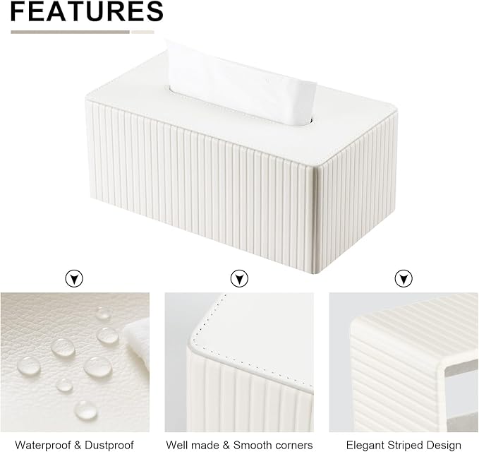 KINGFOM PU Leather Tissue Box Cover Rectangular Tissue Box Holder with Magnetic Bottom, Napkin & Facial Tissue Holder Dispenser for Home, Office for Standard 120-count/160-count (2-Ply) White Stripe