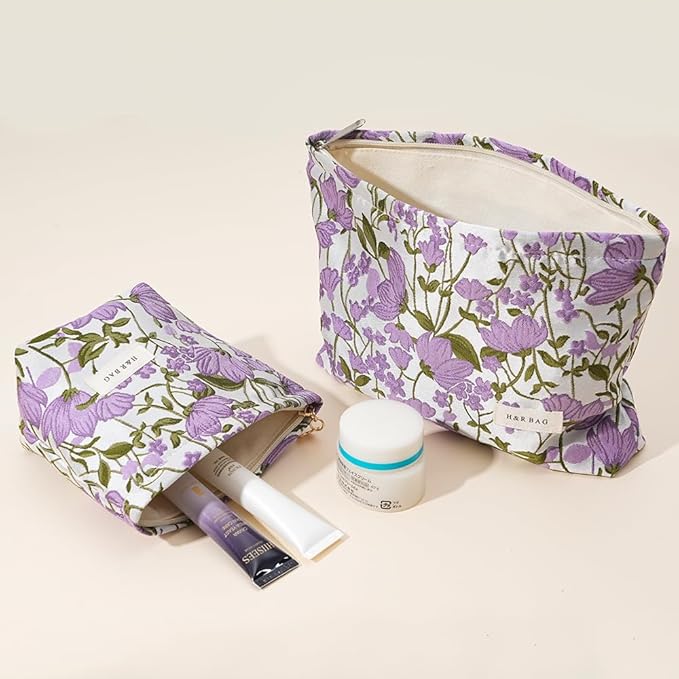 2 PCS Makeup Bag Small Cute Makeup Pouch Floral Cosmetic Bag for Women，Soft Toiletry Bag Pouch for Purse，Embroidery Craft Makeup Bag with Zipper（Purple Flower）