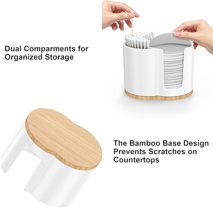 Cotton Pad and Swab Holder, Q tip Holder Round Cotton Pad Dispenser Plastic Cotton Swabs Dispenser, Bathroom Accessories Storage Organizer for Cotton Pads Floss Picks, White
