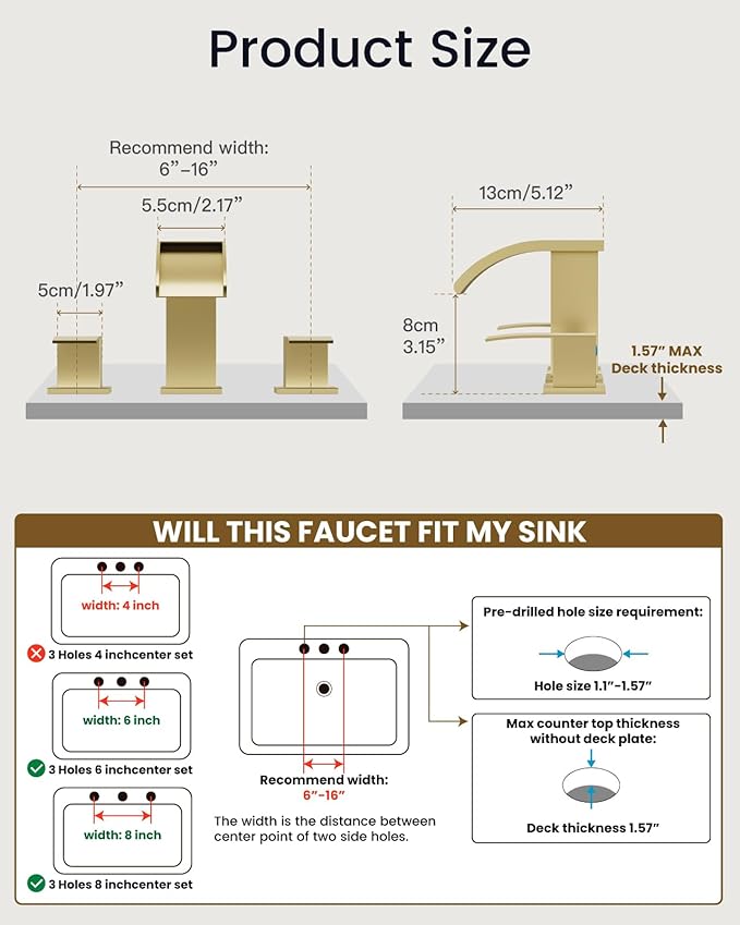 gotonovo Waterfall 8 inch Widespread Bathroom Faucet Set Bathroom Sink Faucet 3 Hole 2 Handle Vanity Lavatory Deck Mount with Pop Up Drain and Water Supply Lines Square Body Brushed Gold
