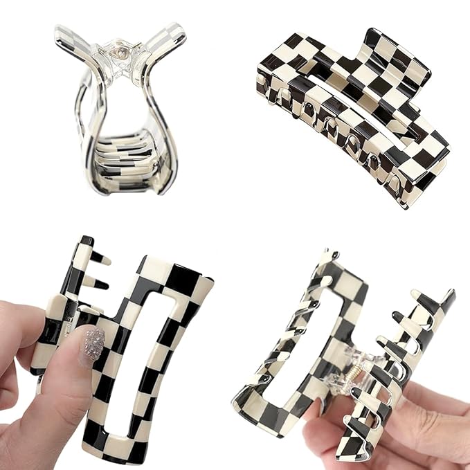 2 PCS Checkered Hair Claw Clips Square Checker Barrettes Cute Non Slip Hair Jaw Clips Strong Hold Rectangle Hair Claw Multicolored Plaid Vintage Check