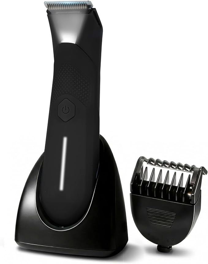 Body Trimmer for Men - Groin & Ball Shaver with Charging Dock - Constant Power No-Pull Electric Pubic Hair Clipper - 5-in-1 Guard Waterproof Body Groomer with LED Light, for Groin, Armpit & Body