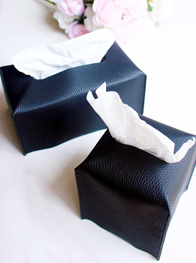 Leather Tissue Box Cover Square – Tissue Holder with Bottom Belt [JESMINI, Black] Aesthetic PU Leather Tissue Box Holder Decorative for Bathroom, Home Office Decor