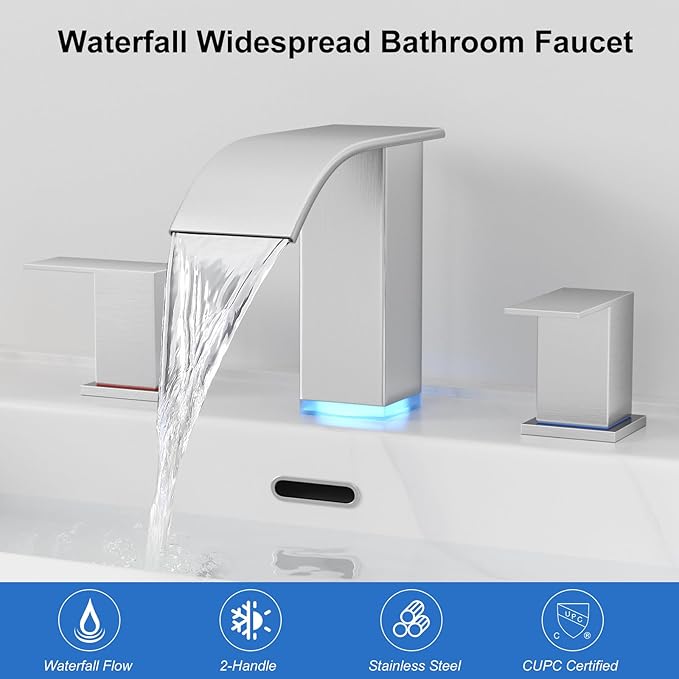 RUMOSE LED Bathroom Faucets Set Brushed Nickel 8 inch Bathroom Sink Faucet 3 Hole with Pop Up Drain Widespread Waterfall Vanity Faucet with 3 Colors Light Changing Stainless Steel Deck Mounted