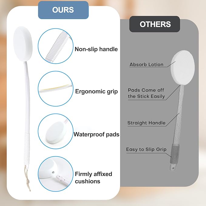 Lotion Applicator for Back, Feet & Legs, Long Plastic Handle Moisturizer Cream, Self Tanning, Sunscreen, Ointment, Medicine Back Applicator for Elderly, Men or Women with 3 Washable Pads (White)