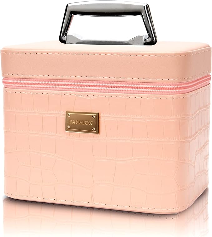 Fashion makeup box, Portable leather hard cosmetic case with mirror, Professional train case make up box for women adults. (Pink)