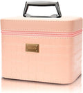 Fashion makeup box, Portable leather hard cosmetic case with mirror, Professional train case make up box for women adults. (Pink)