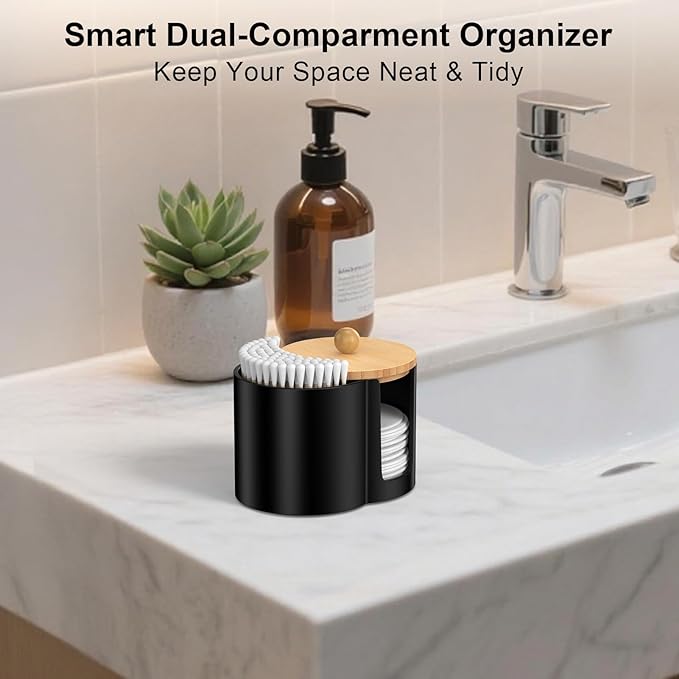 Cotton Pad Swab Holder, Q tip Holder Round Makeup Pads Dispenser Small Plastic Swabs Dispenser with Lid, Bathroom Accessories Storage Organizer for Floss Picks, Black