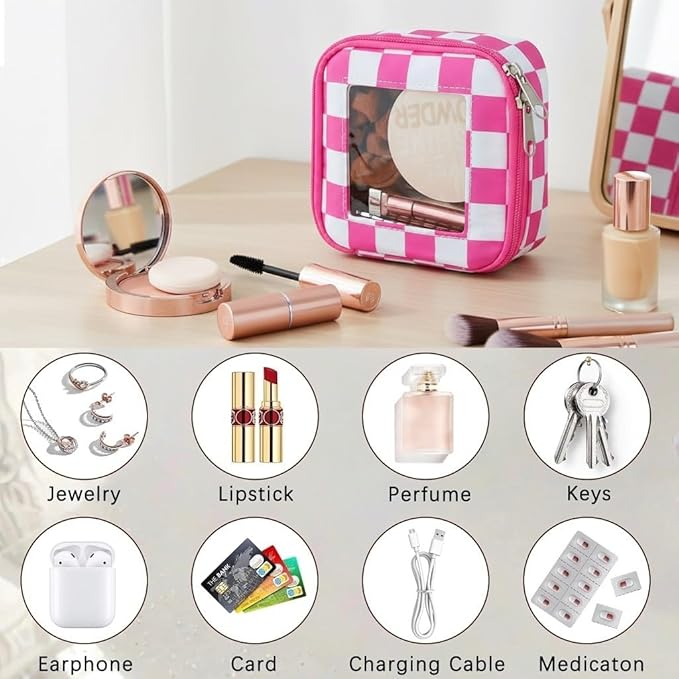 DOB SECHS Mini Checkered Bag for Purse 5.1'' x 5.1'' Small Makeup Bag for Car Cute Clear Cosmetic Bags with Zipper, Tiny Toiletry Bag Lipstick Organizer Pouch Travel Essentials Storage Pouch, Hot Pink