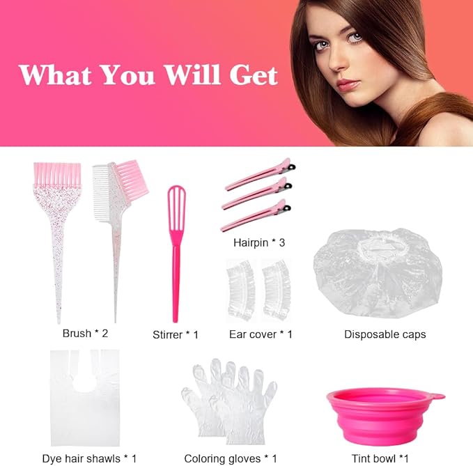 Hair Dye Color Brush and Bowl Set, Color Bowl Brushes Tool Mixing Bowl Kit Tint Comb for Hair Tint Dying Coloring Applicator (Pinky&Clear)