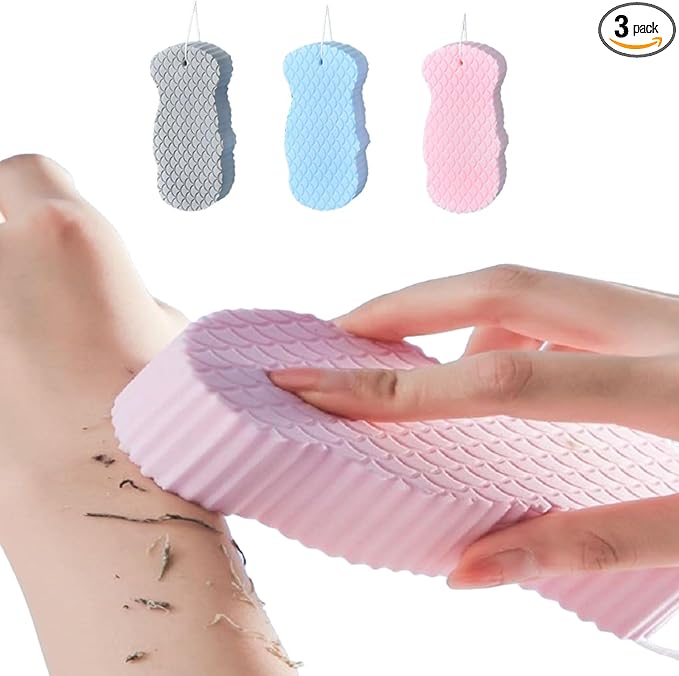 3Pcs Magic Exfoliating Bath Sponge, 3D Super Soft Exfoliating Bath Sponge, Reusable Soft Bath Sponge for Dead Skin Removal (Blue+Pink+Gray)