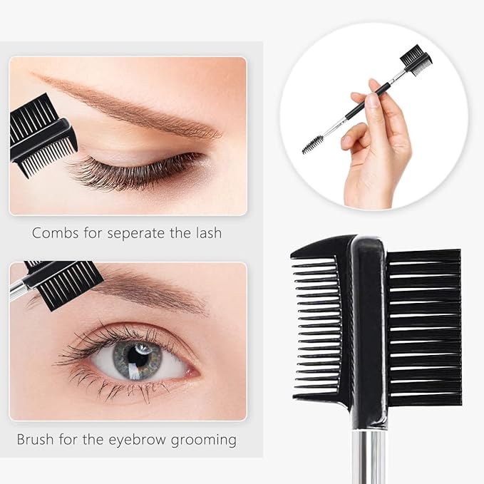 2PCS- 1 Eyebrow Brush + 1 Eyelash Shaper, Professional Double-Ended Angled Eye Brow Spoolie Brush, 3 Head Eyelash Comb Double Head Brushes, Makeup Grooming Tools Brushes for Shaping Brow Lashes