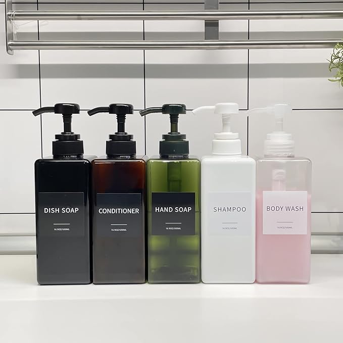 Green Soap Dispenser with Waterproof Labels, Thickened Plastic Hand Soap Dispenser for Bathroom, Kitchen Dish Washing Liquid Bottles, Shampoo and Conditioner Bottles with Funnel (16oz 2Pack Green)