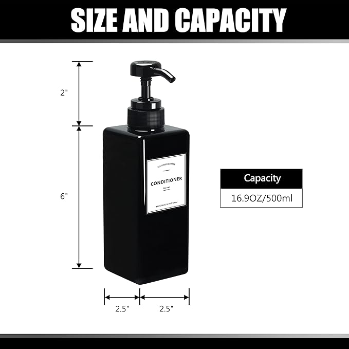 Black Shampoo Dispenser with Pump,YACEYACE 16.9oz Set of 3 Shampoo Bottles with Labels, Empty Refillable Shampoo and Conditioner Bottles, Body Wash Dispenser for Shower, Soap Dispenser Shower