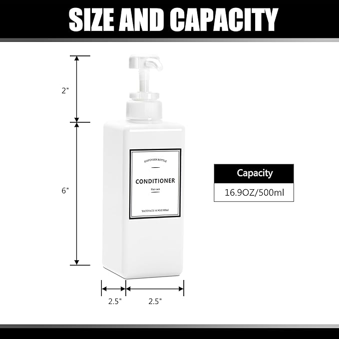 16.9oz Set of 3 White Shower Dispensers with Labels, Refillable for Shampoo, Conditioner, Body Wash