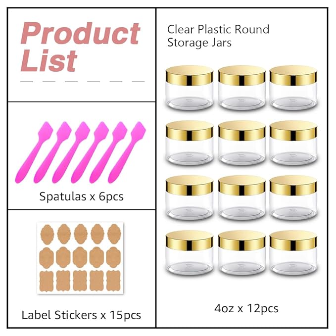 12 Pack 4 oz Plastic Cosmetic Containers With Gold Lids Refillable Clear Empty Travle Jars Containers for Body Butter,Sugar Scrubs,Cream,Lotions,Candy, Label&Spatulas