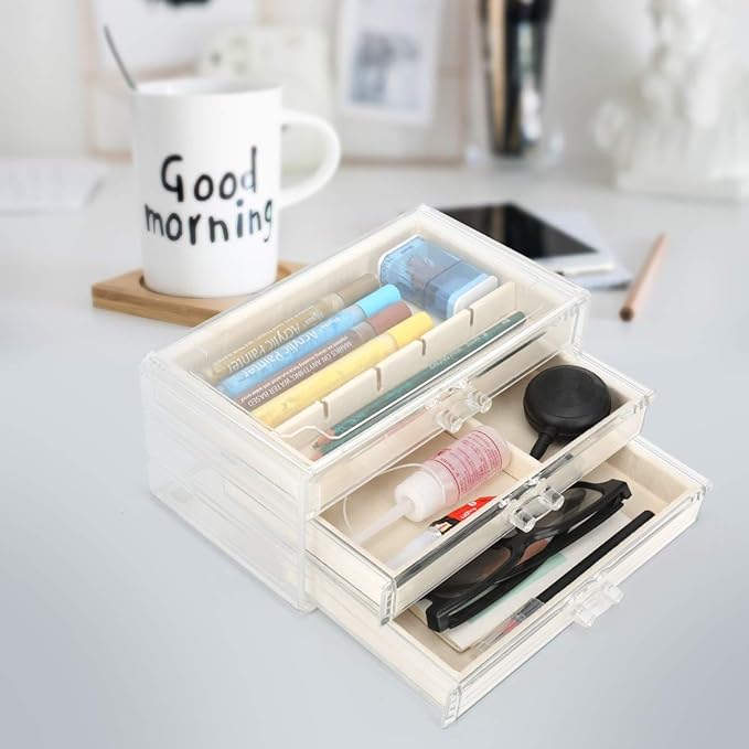 Acrylic Jewelry Organizer Makeup Cosmetic Storage Organizer box Clear Jewelry Case with 3 Drawers Adjustable Jewelry Box Velvet Trays grid size