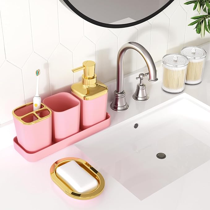 Bathroom Accessories Set - Luxury Pink Bathroom Set, 9 Pieces Bathroom Accessory Set, Pink Bathroom Accessories with Trash Can, Toilet Brush & Soap Dispenser
