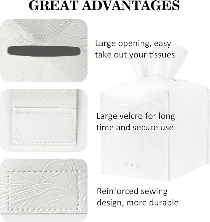 Tissue Box Holder Cover Square Tissue Cube Cover PU Leather Tissue Organizer with Bottom Belt for Bathroom, Tabletop, Kitchen, Night Stands, Office, Home, Car (1, White)