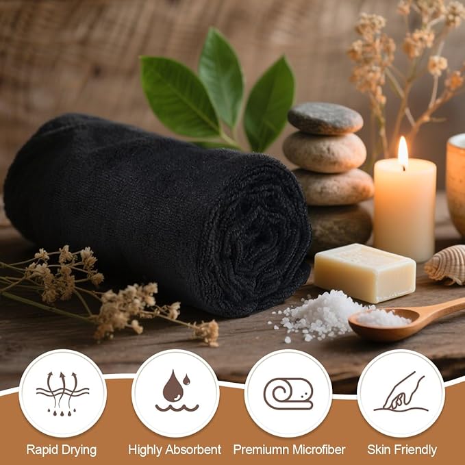 Orighty Salon Towels 24 Pack, Microfiber Hair Salon Towel 16 x 29 Inch, Super Soft and Absorbent Black Towels for Salon, Hand, Gym, Bath, Spa and Home Hair Care, Not Bleach Proof