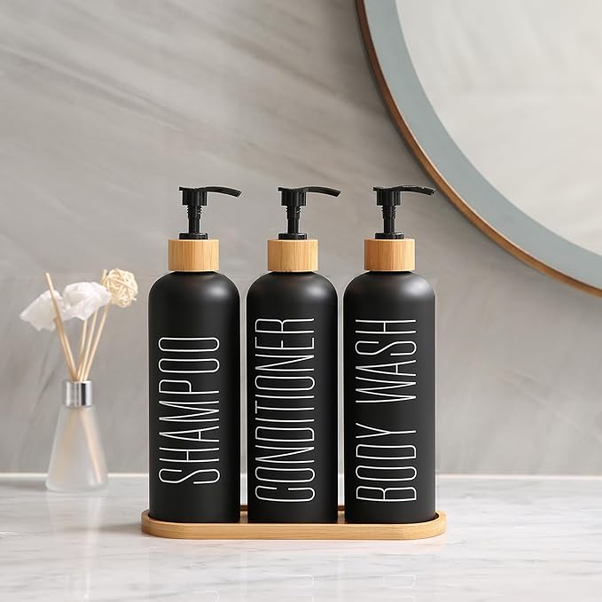 Shampoo and Conditioner Dispenser with Bamboo Pumps & Tray, Perfect for Bathroom Essentials for New Home (Black)