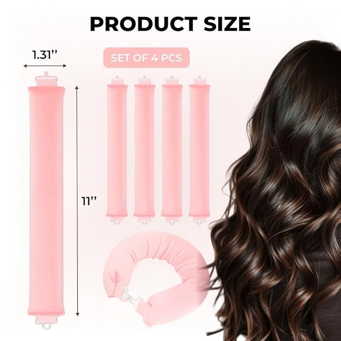 Luxury Velvet Sleep-In Curling Rods Set – 4 Heat-Free Overnight Hair Curlers for Effortless Waves & Volume – Suitable for All Hair Types (Pink)