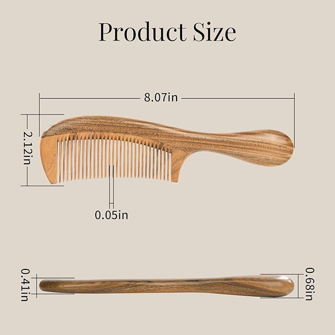 Onedor Handmade 100% Natural Green Sandalwood Hair Combs - Anti-Static Sandalwood Scent Natural Hair Detangler Wooden Comb (Fine Tooth)