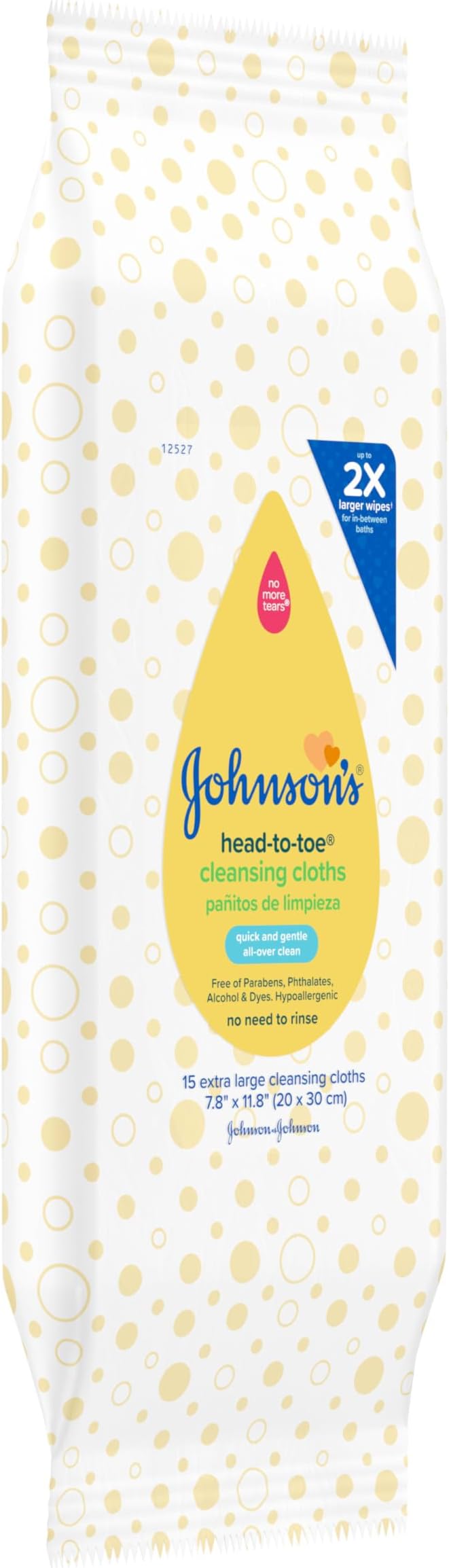 Johnson's Baby Head-to-Toe Gentle Cleansing Cloths, No Rinse, Disposable Pre-Moistened Baby Bath Wipes, Hypoallergenic Newborn Essentials, Head-to-toe Wipes, Paraben-Free 15 ct