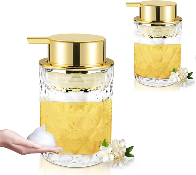 Glass Foaming Soap Dispenser 2 Pack Refillable Foaming Hand Soap Dispenser with Gold Large Pump Wide Opening for Bathroom Kitchen Countertop Modern Home Decor with Elegant Pattern, Transparent