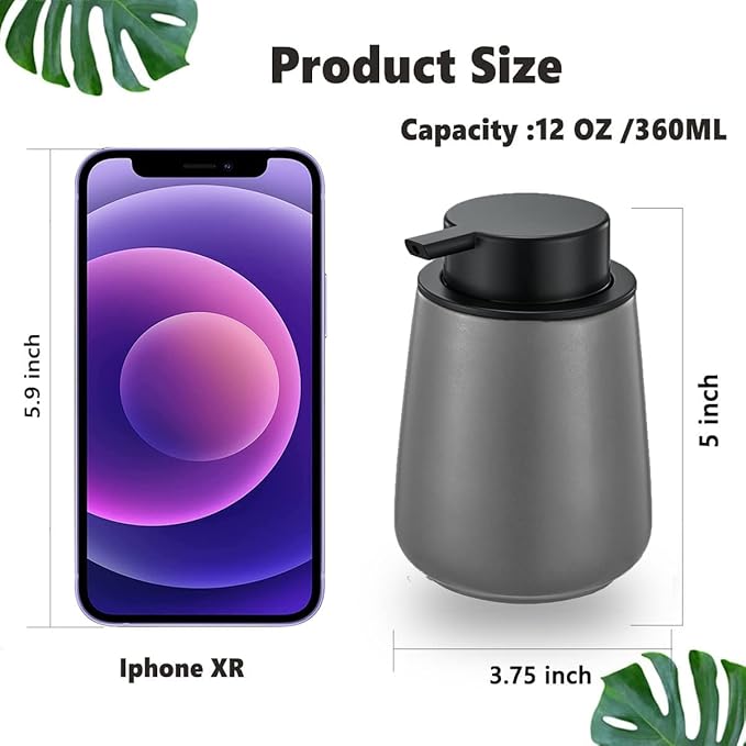 12Oz Grey Foaming Soap Dispenser - Ceramic Foam Hand Soap Dispenser Set with Easy-to-Press Pump, Refillable Liquid Dish Soap Dispensers for Bathroom and Kitchen, 2 Pack