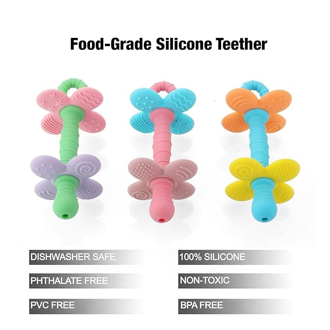 PandaEar 3 Pack Silicone Flower Baby Teether, Nipple-Shaped Gum Massager with Anti-Choke Guard, Easy-Grip Textured Teething Tube
