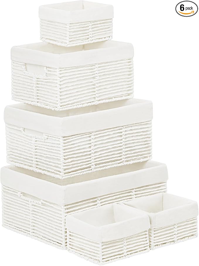 Vagusicc Wicker Storage Basket, 6 Pack Baskets for Organizing, Wicker Baskets with Handle, Rectangular Wicke Basket for Storage Shelves, Cube Storage Bins for Closet/Clothes/Dresser, White