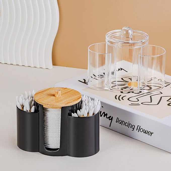 3-in-1 Q-Tip Holder for Bathroom – Premium Vanity Organizer Canister with Dustproof Lid for Cotton Swabs, Balls and Pads, Countertop Storage Container（Black）