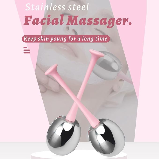 Facial Ice Globes for Face and Eyes, Stainless Steel Ice Roller Facial Massage Tool for Puffiness Dark Circles, Cooling Face Roller Skin Care Beauty Tools (Pink Handle)