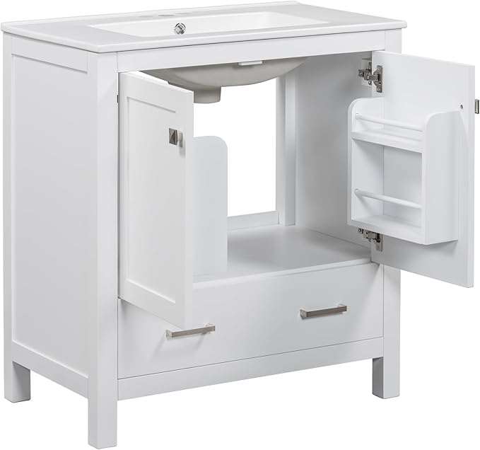 Bellemave 30" Bathroom Vanity with Sink Combo Set, Solid Wood Frame Bathroom Storage Cabinet with a Drawer, 2 Soft Closing Cabinet Doors with Organizer, White
